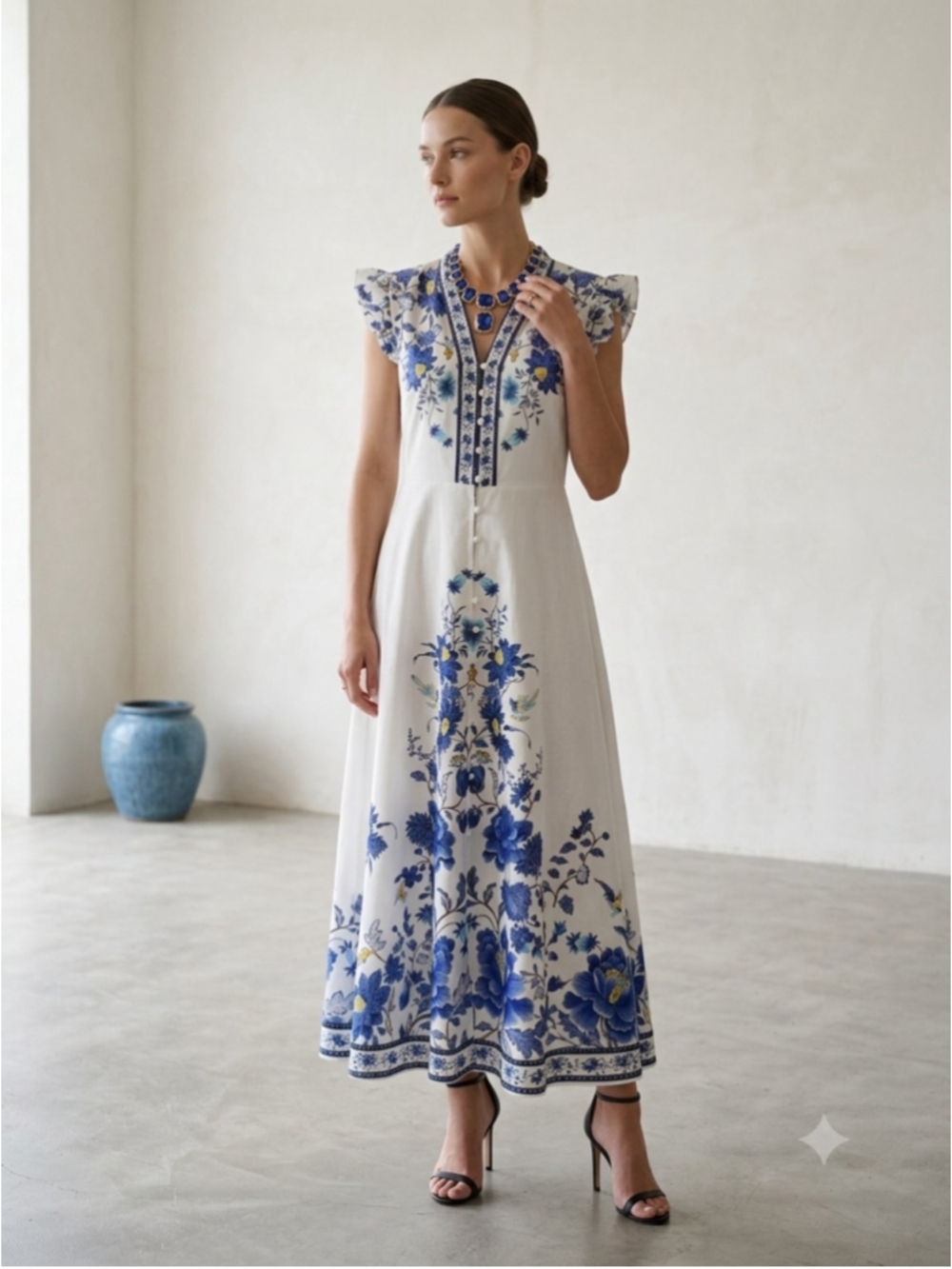 Lai Meng Five Cats Maxi Dress Medium Blue White Floral Porcelain Chinoiserie